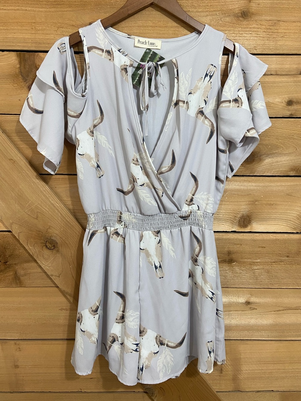 Peach Love California Light Gray Cold-Shoulder Romper with Western Print